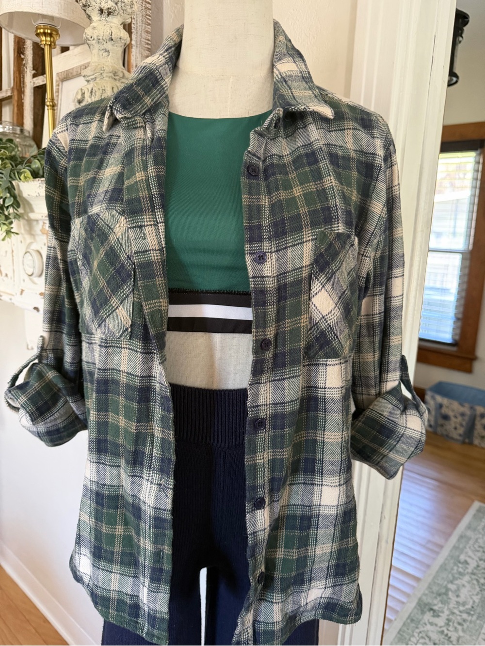 Green and Navy Plaid Women’s Shirt Jacket